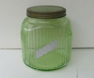 Anchor Hocking Green Depression Glass Canister Cookie Jar With Metal Lid