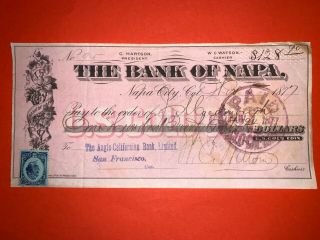 Us Gold Coin Check Bank Of Napa California 1877 $128.  90 Wild West Gold Rush Usa