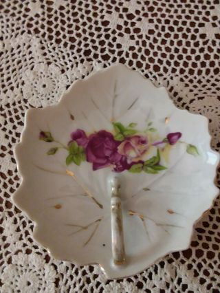 Vtg Small Decorative Leaf Plate Old Country Roses & Handle Japan Aprox 5 Inch