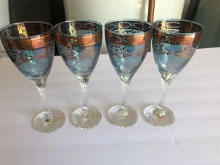Vintage Blue Wine Glasses With Gold Leaf Rim With Clear Swirl Stem Set Of 4