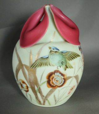 Mt.  Washington Victorian Art Glass Hand Painted Bird Vase W/ Pinched Tricorn Rim
