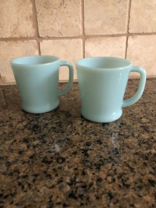 Two Vintage Azurite Blue Fire King Glass Coffee Mugs Cups D Handle