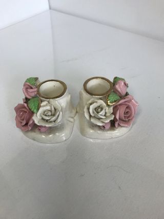 Pair Set Of 2 Porcelain Rose Candlestick Candle Holder Vintage Capodimonte
