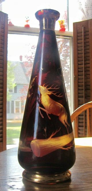 Bohemian Hunt Stag Elk Cut Gold Engraved Amber Glass Decanter