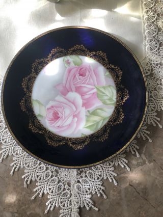 Vintage Rosenthal Flow Blue Plate With Pink Roses Gold Trim Hand Painted Bavaria