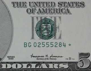 $5 1999 Gem Cu Star Federal Reserve Note Bg02555284 Five Dollar,  G7 Chicago