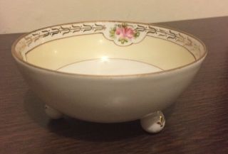 Nippon Japan 3 Footed Bone China Bowl Dish Hand Painted Gold Overlay Flowers
