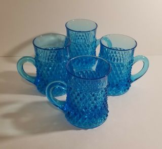 Vintage Indiana Glass Diamond Point Blue Glass Mugs - Set Of 4