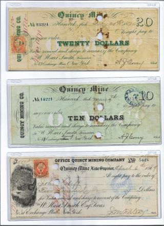 1860s $10,  $20,  $500 Quincy Mine,  Michigan,  Copper Mining Scrip Set