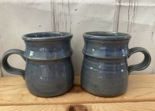 Pair Set Of 2 Studio Art Pottery Hand Thrown Blue Coffee Mug Tea Cups Euc