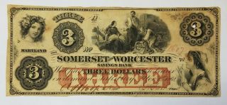 1862 $3 Three Dollar Somerset Worcester Bank Salisbury Md Banknote