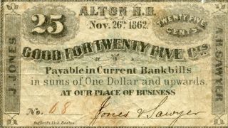 1862 Twenty Five Cents A.  H.  Sawyer Alton,  Nh Obsolete Script Note 68