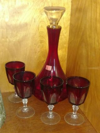 Vintage Viking Ruby Red Art Glass Decanter & 4 Red And Clear Glass Gobbles Set
