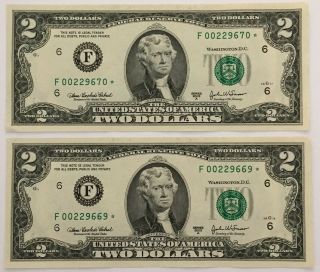 2x 2003 A Two Dollar $2 Bill Star Notes 2 Consecutive Atlanta Series Unc 669