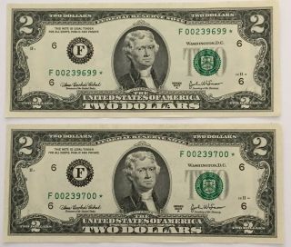 2x 2003 A Two Dollar $2 Bill Star Notes 2 Consecutive Atlanta Series Unc 699