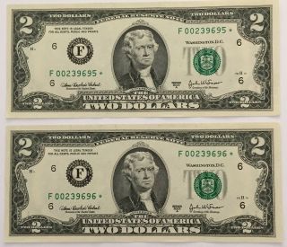 2x 2003 A Two Dollar $2 Bill Star Notes 2 Consecutive Atlanta Series Unc 695