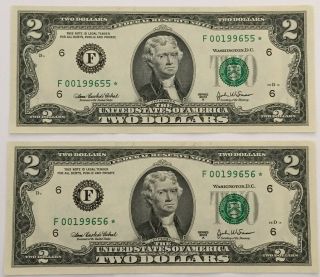 2x 2003 A Two Dollar $2 Bill Star Notes 2 Consecutive Atlanta Series Unc 655