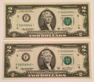 2x 2003 A Two Dollar $2 Bill Star Notes 2 Consecutive Atlanta Series Unc