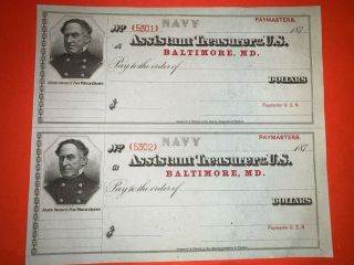 Usa 1870s Us Navy Pay Checks Blank Assistant Treasurer Baltimore Bep Printed Md
