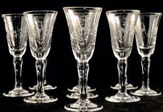 Set Of 9 Vintage Estate Etched Wine Cordials Glasses After Dinner Drink Glasses