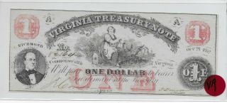 1862 $1 One Dollar Virginia Treasury Note Obsolete Currency Note Va - 1