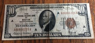 1929 $10 United States National Currency Note - Boston - Detail