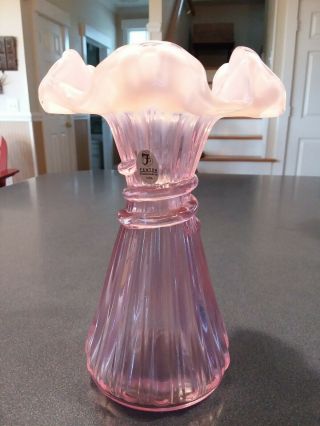 Fenton Art Glass Pink Opalescent Ruffle Top Wheat Vase
