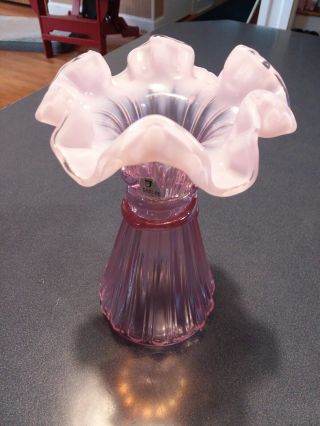 FENTON Art Glass Pink Opalescent Ruffle Top Wheat Vase 2