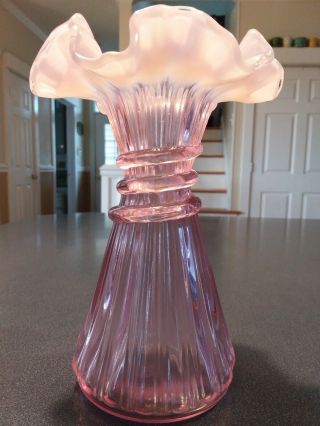 FENTON Art Glass Pink Opalescent Ruffle Top Wheat Vase 3