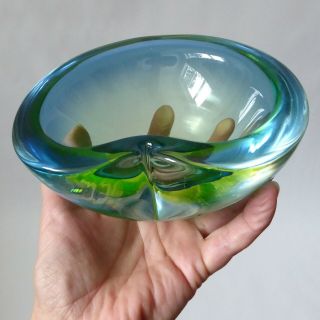 Vintage Murano Uranium Green Blue Glass Bowl Sommerso Cased 60 