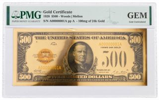 1928 $500 24kt Gold Certificate Commemorative Pmg Gem Uncirculated