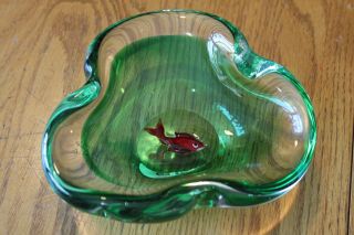 Vintage Goldfish Fish Green Hand Blown Glass Ashtray Candy Bowl Dish Murano Tray