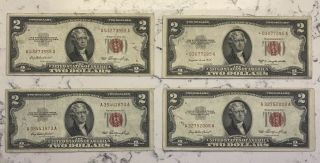 Four 1953 Two Dollar Bill Red Seal Notes