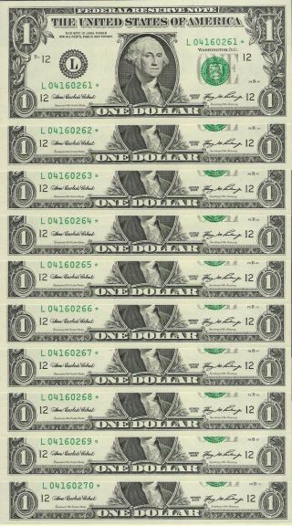10 Consecutive 2006 $1 L Star Federal Reserve Notes - Gem Crisp Uncirculated