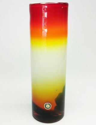Vintage Murano Italy 10 " Art Glass Vase Sunset Red Orange White Rainbow Colors