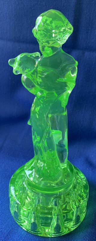 9” Boy Holding Doe Charlotte Green Uranium Vaseline Glass Flower Frog