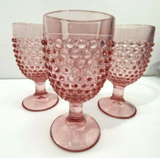 4 Rare Vintage L E Smith Glass Co.  Pink Hobnail Footed Water Goblets 6 " Glasses