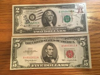 1976 Unc Two Dollar Bill With 13cent Postal Stamp & 1963 $5 Dollar Red Seal.