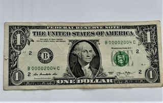 2013 $1 Dollar Note Low Serial Number 00002004 Rare Bill Fancy