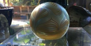 Corriea Signed " Golden Peach " Paperweight.  Iridescent Gold Aurene Pulled Feather