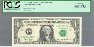 Pcgs Fr 1929 - K 2003 $1 Dollar Fw Star Note Fed.  Res.  Note Dallas 66 Ppq Gem