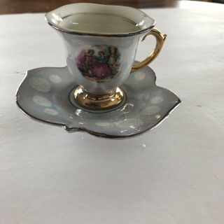 Vintage Demitasse Mini Tea Cup Leaf Saucer Gray Lusterware Colonial Couple