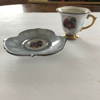 Vintage Demitasse Mini Tea Cup Leaf Saucer Gray Lusterware Colonial Couple 2