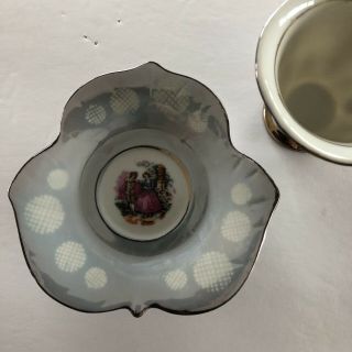 Vintage Demitasse Mini Tea Cup Leaf Saucer Gray Lusterware Colonial Couple 3