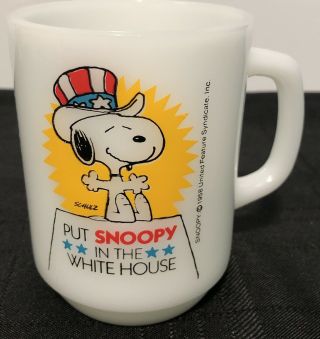 Vintage 1980 Anchor Hocking Fireking Put Snoopy In The White House Milkglass Mug