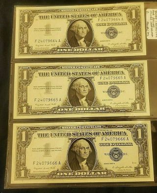 1957 A $1 Silver Certificate 3 Consecutive Serial Number Uncirculated Blue Seal