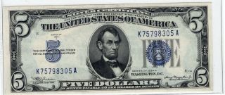 Series 1934 A Blue Seal Silver Certificate Five Dollars $5 Note