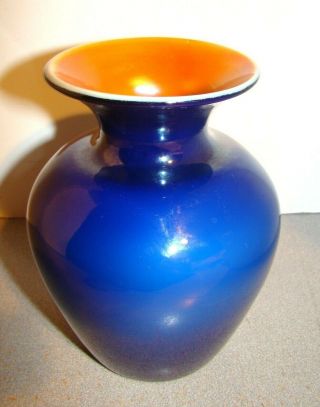 Vintage Imperial Glass Freehand Lead Luster Cobalt Blue & Orange Vase