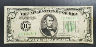 1934 A $5 Frn Federal Reserve York Note Bill Misalign Serial Letter Variety
