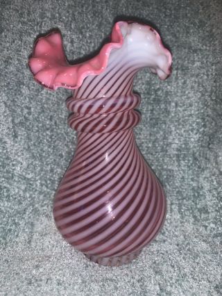 Fenton Ruffled Ring - Necked Cranberry Opalescent Optic Swirl Vase 6 " Vintage